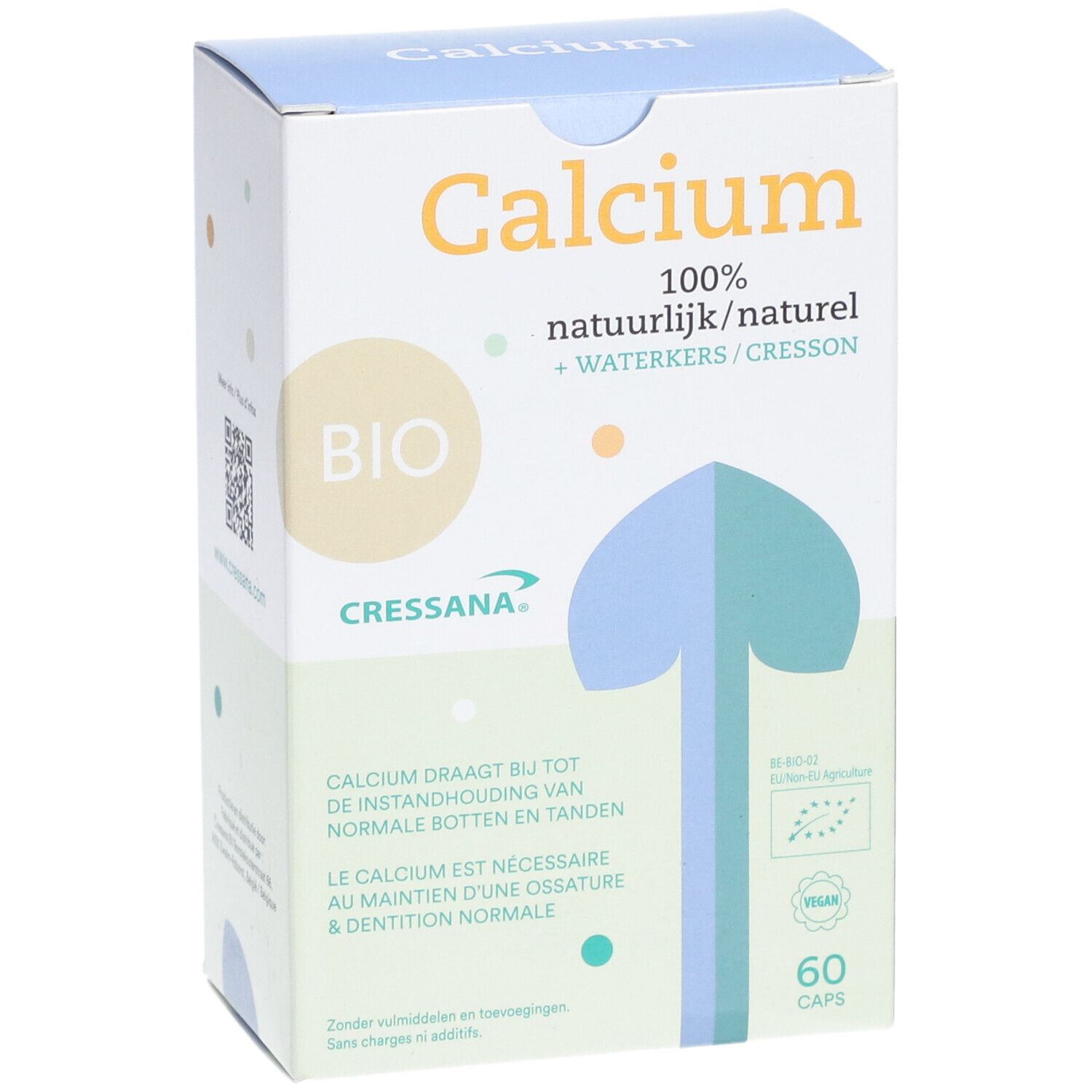 Kartonnen doos "Calcium". Bevat 60 capsules. Bio- en Vegan-logo's zichtbaar.