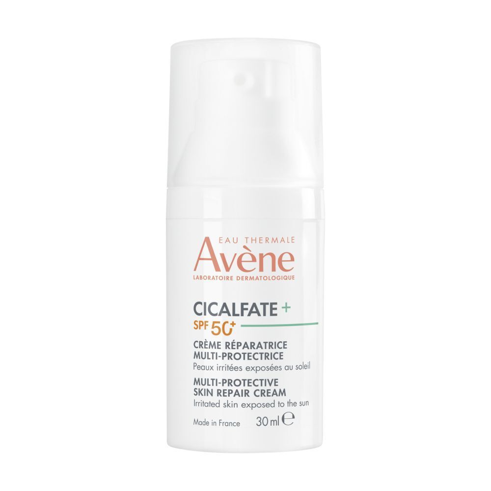 Witte fles met opschrift Eau Thermale Avène Cicalfate + SPF 50+. 30ml.