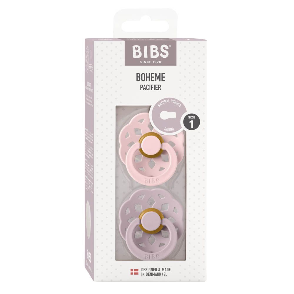 Emballage de deux sucettes BIBS Boheme. Roses et lilas. Taille 1. Fenêtre transparente. Logo BIBS.