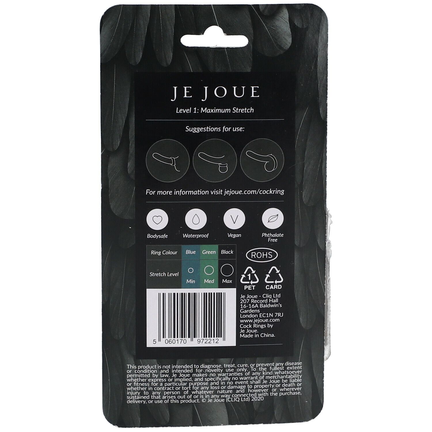 Dos de l'emballage avec cockring. Texte: Je Joue, Level 1 Maximum Stretch. Couleur de l'anneau: bleu, vert, noir. Niveau d'étirement: Min, Med, Max.