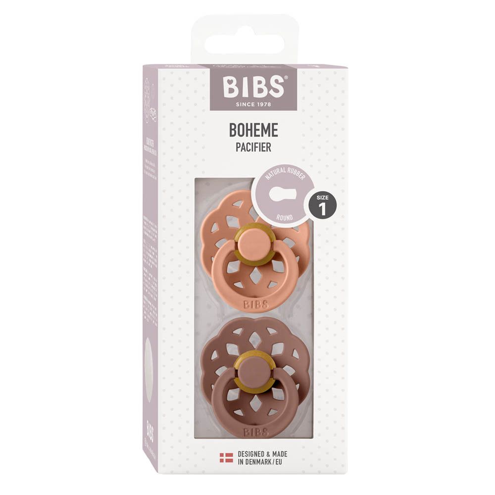 BIBS Boheme Schnuller-Verpackung. 3 Sauger in Rosa- und Brauntönen. Größe 1, 0-6 Monate. Nahaufnahme.