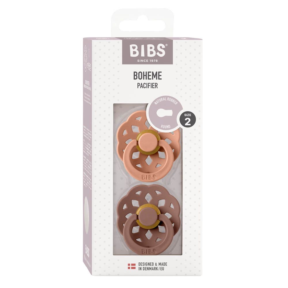 BIBS Boheme Schnuller, Größe 2, in Verpackung. Zwei Schnuller sichtbar. Lila und rosa Farben.