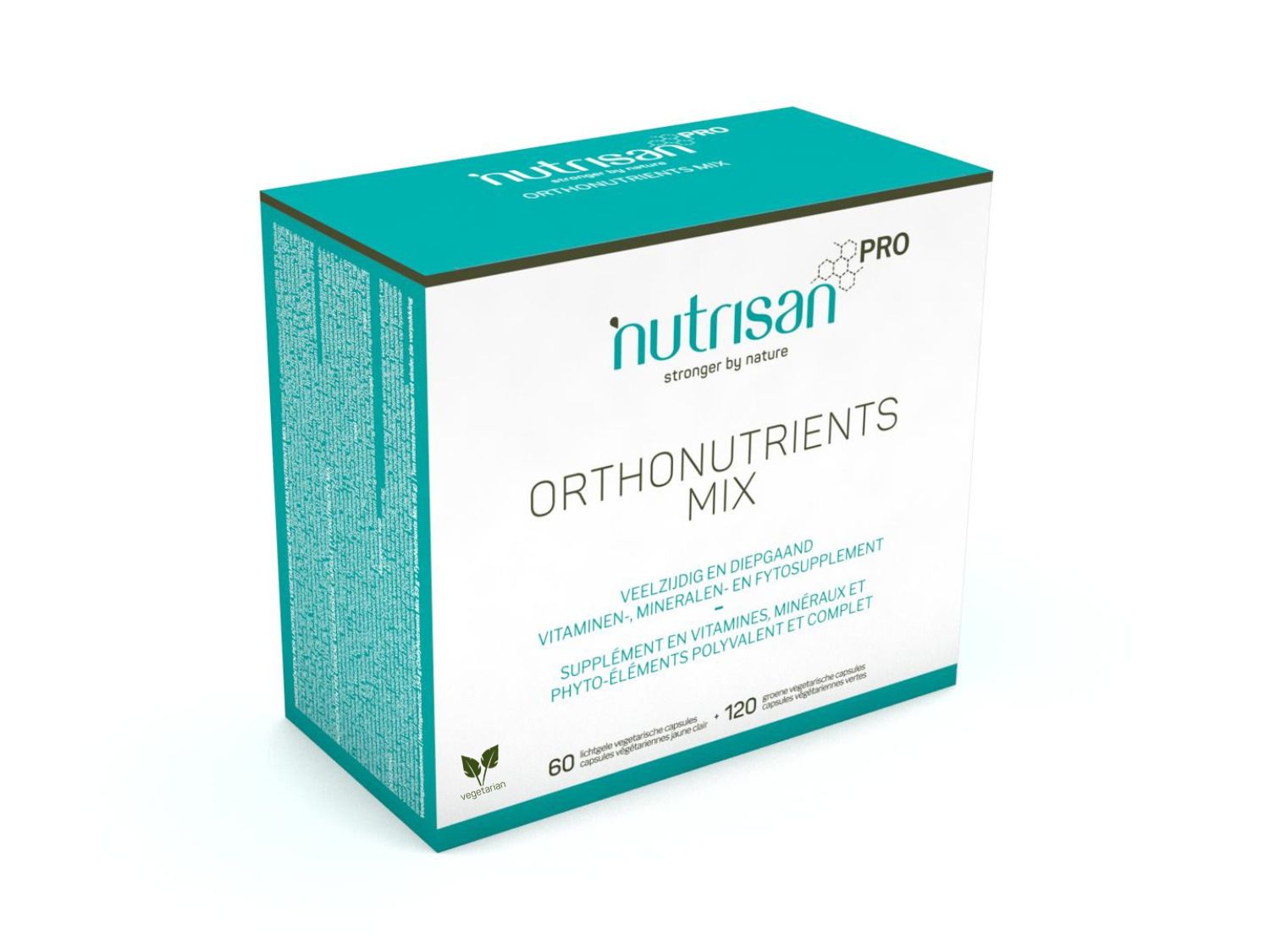 Boîte en carton avec nom et logo du produit. Couleurs turquoise et blanc. Contient 60 gélules. Inscription : OrthoNutrients Mix.