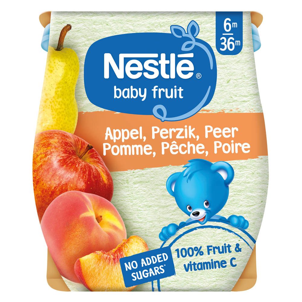 Emballage de compote pour bébé. Nestlé Baby Fruit. Pomme, poire, pêche. 6m+. 100% fruits & vitamine C. Sans sucres ajoutés.