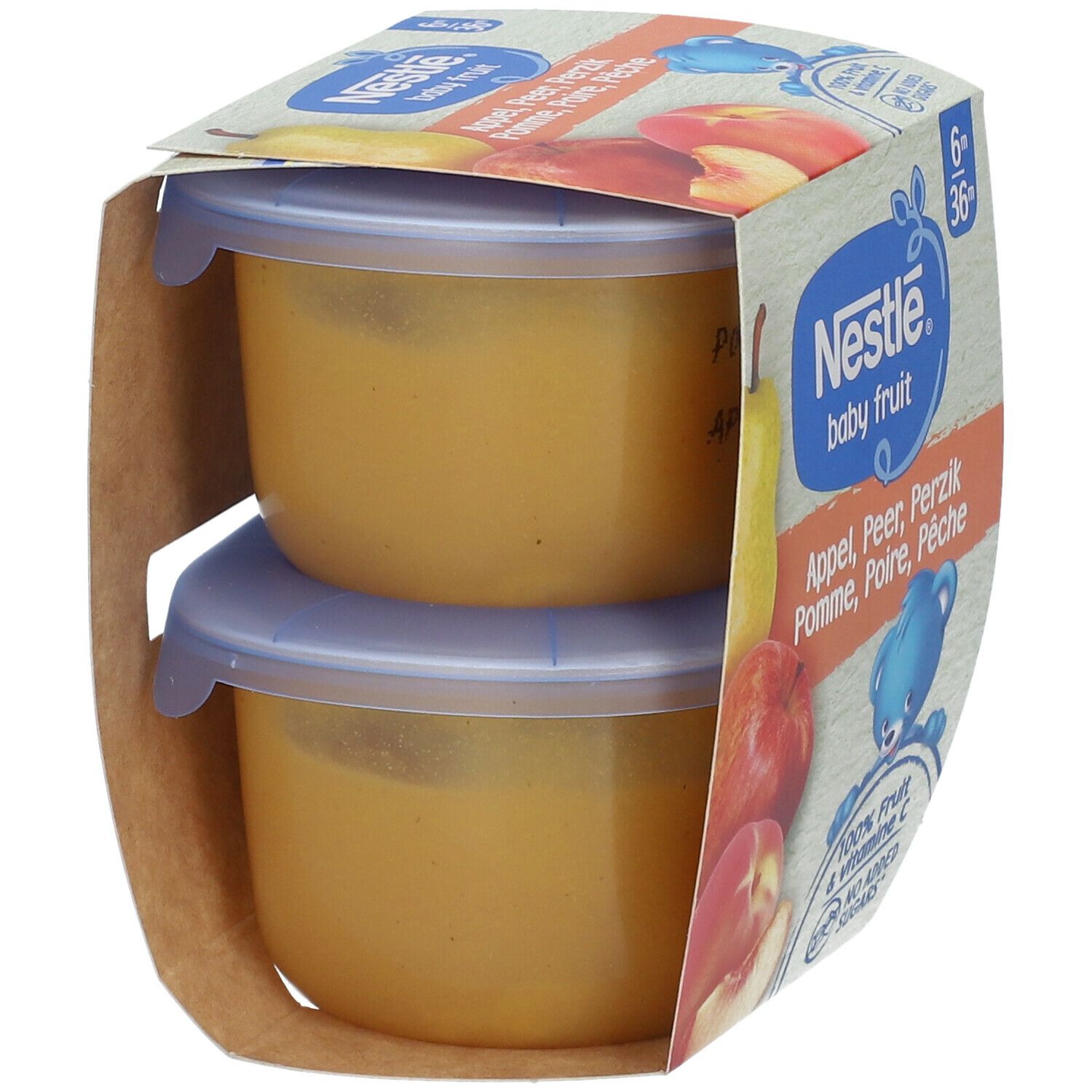 Zwei Gläschen Baby-Fruchtkompott in Verpackung. Nestlé Baby Fruit. Apfel, Birne, Pfirsich. 6m+. 100% Frucht & Vitamin C.