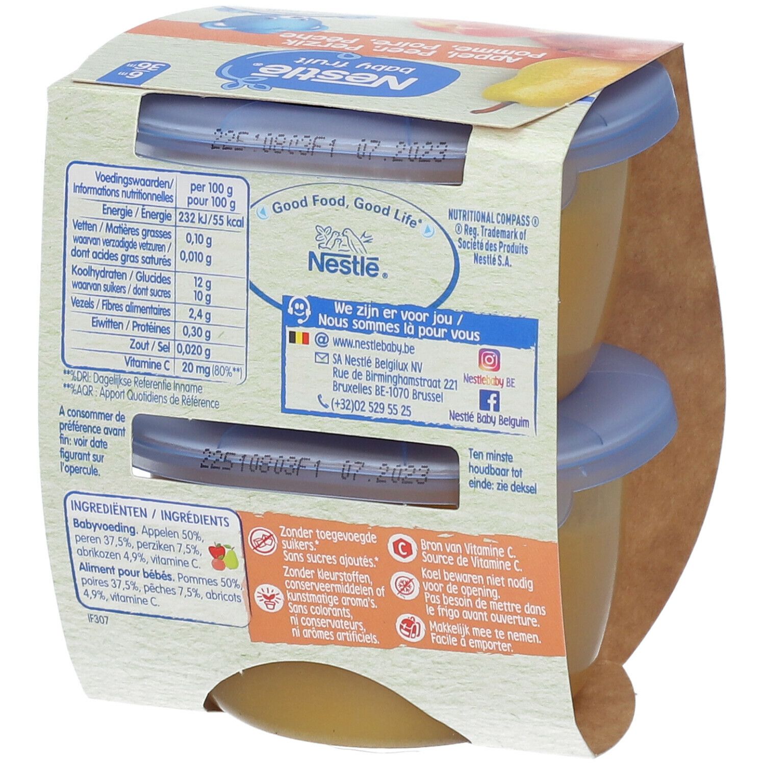 Rückseite der Verpackung mit Nährwertangaben und Zutaten. Nestlé Baby Fruit. 2x130g. Mindestens haltbar bis 07.2023.