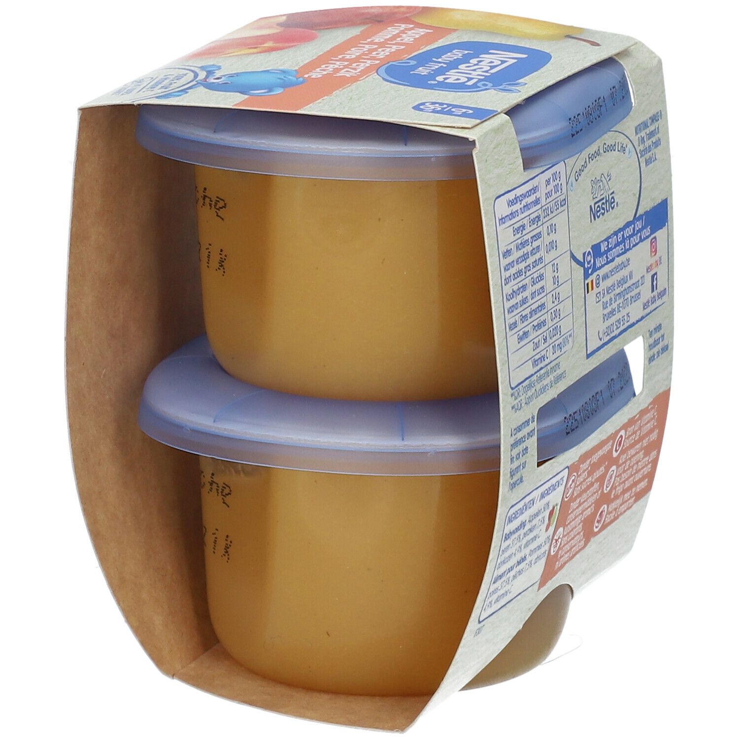 Zwei Gläschen Baby-Fruchtkompott in Verpackung. Nestlé Baby Fruit. Apfel, Birne, Pfirsich. 6m+. 100% Frucht & Vitamin C.