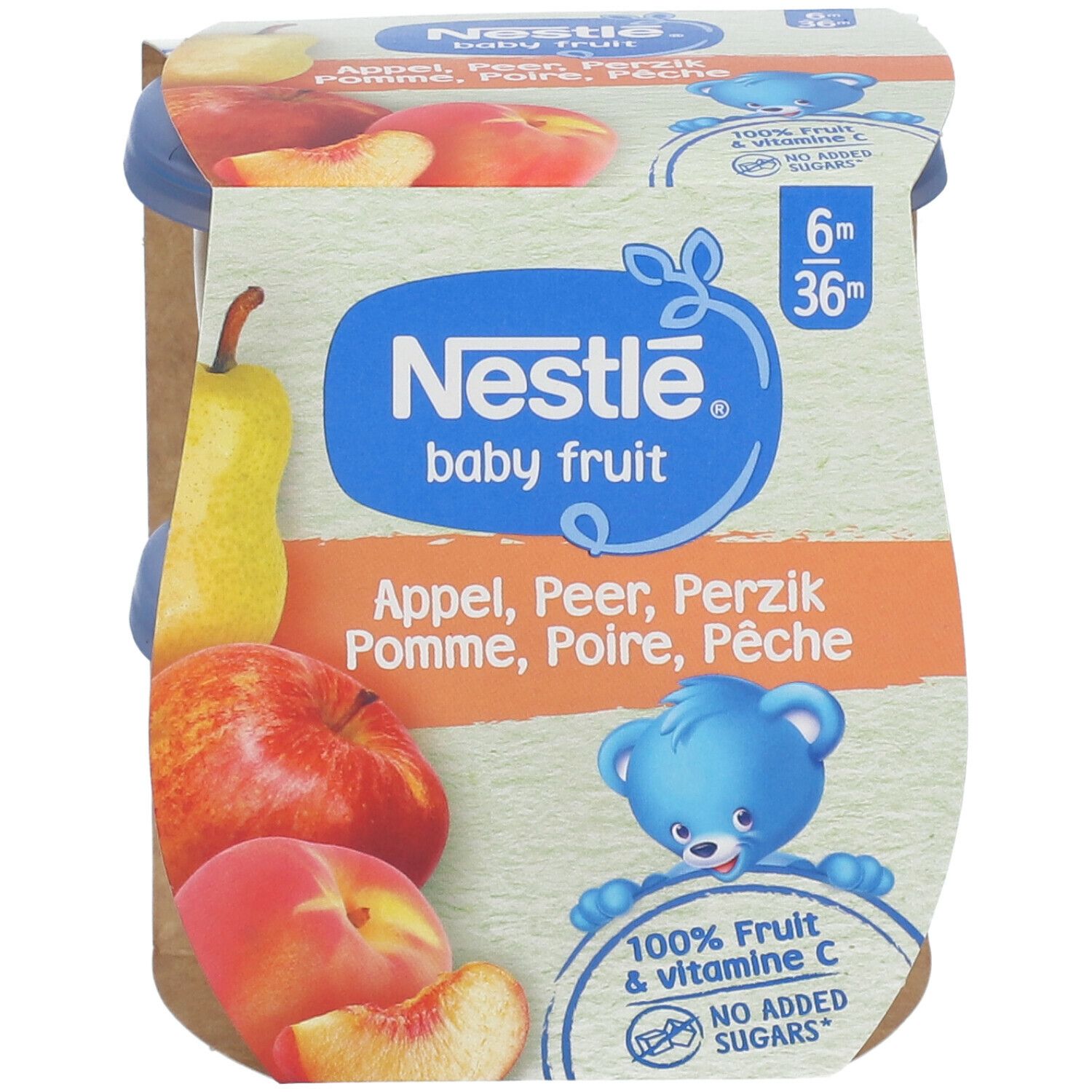 Verpackung mit Baby-Fruchtkompott. Nestlé Baby Fruit. Apfel, Birne, Pfirsich. 6m+. 100% Frucht & Vitamin C. Ohne Zuckerzusatz.