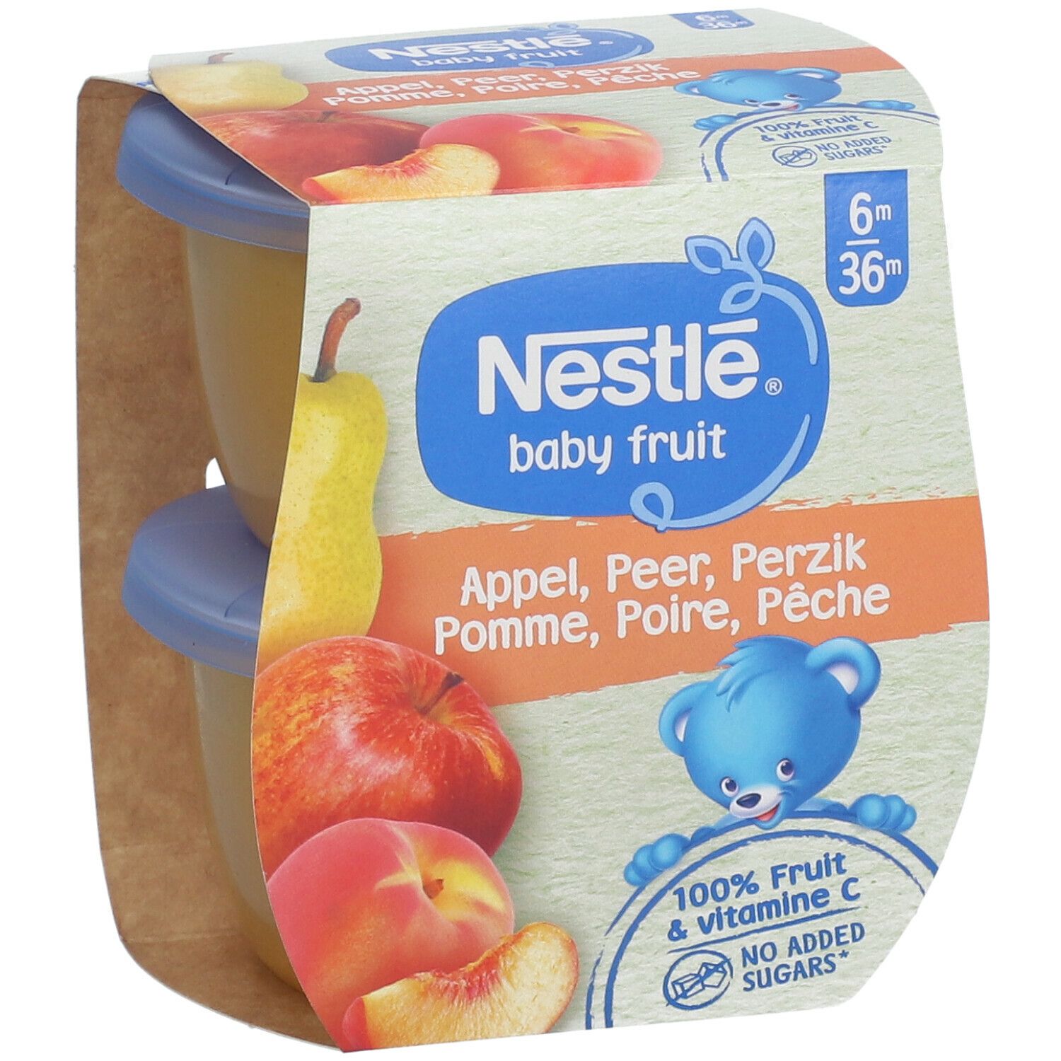 Verpackung mit Baby-Fruchtkompott. Nestlé Baby Fruit. Apfel, Birne, Pfirsich. 6m+. 100% Frucht & Vitamin C. Ohne Zuckerzusatz.