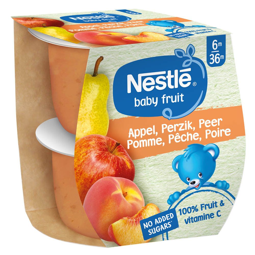 Emballage de compote pour bébé. Nestlé Baby Fruit. Pomme, poire, pêche. 6m+. 100% fruits & vitamine C. Sans sucres ajoutés.