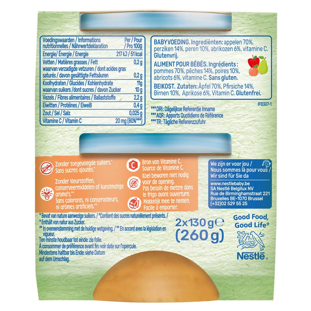 Dos de l'emballage avec informations nutritionnelles et ingrédients. Nestlé Baby Fruit. 2x130g. À consommer de préférence avant 07.2023.