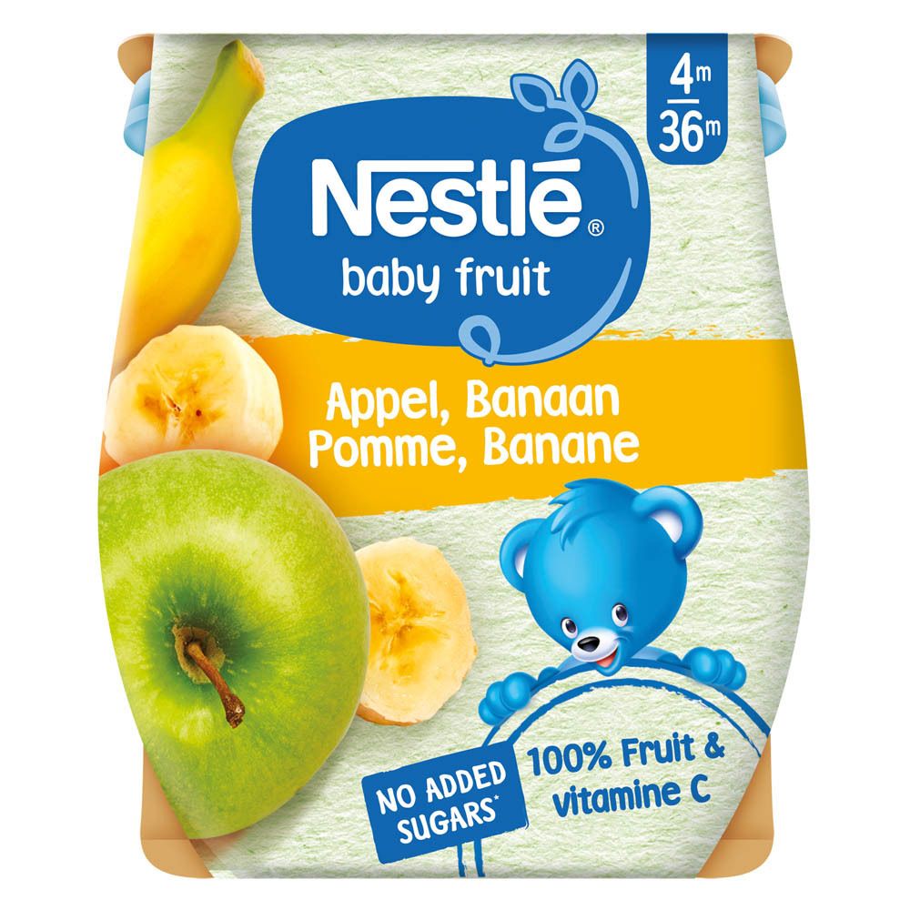 Emballage de deux pots de compote Baby Fruit. Marque : Nestlé. Pomme, banane. Couvercles bleus, emballage brun.