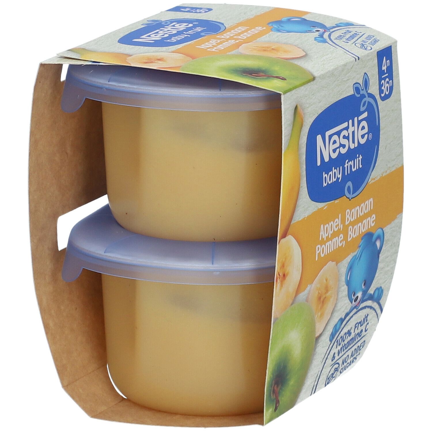 Verpackung mit zwei Baby Fruit Kompott-Bechern. Marke: Nestlé. Apfel-Banane. Blaue Deckel, braune Verpackung.