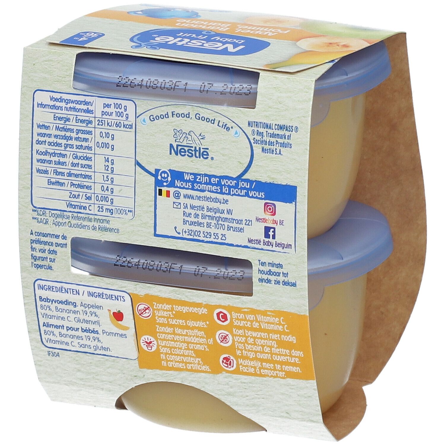 Rückseite der Verpackung mit zwei Baby Fruit Kompott-Bechern. Nährwertangaben, Zutaten, Kontaktinformationen.