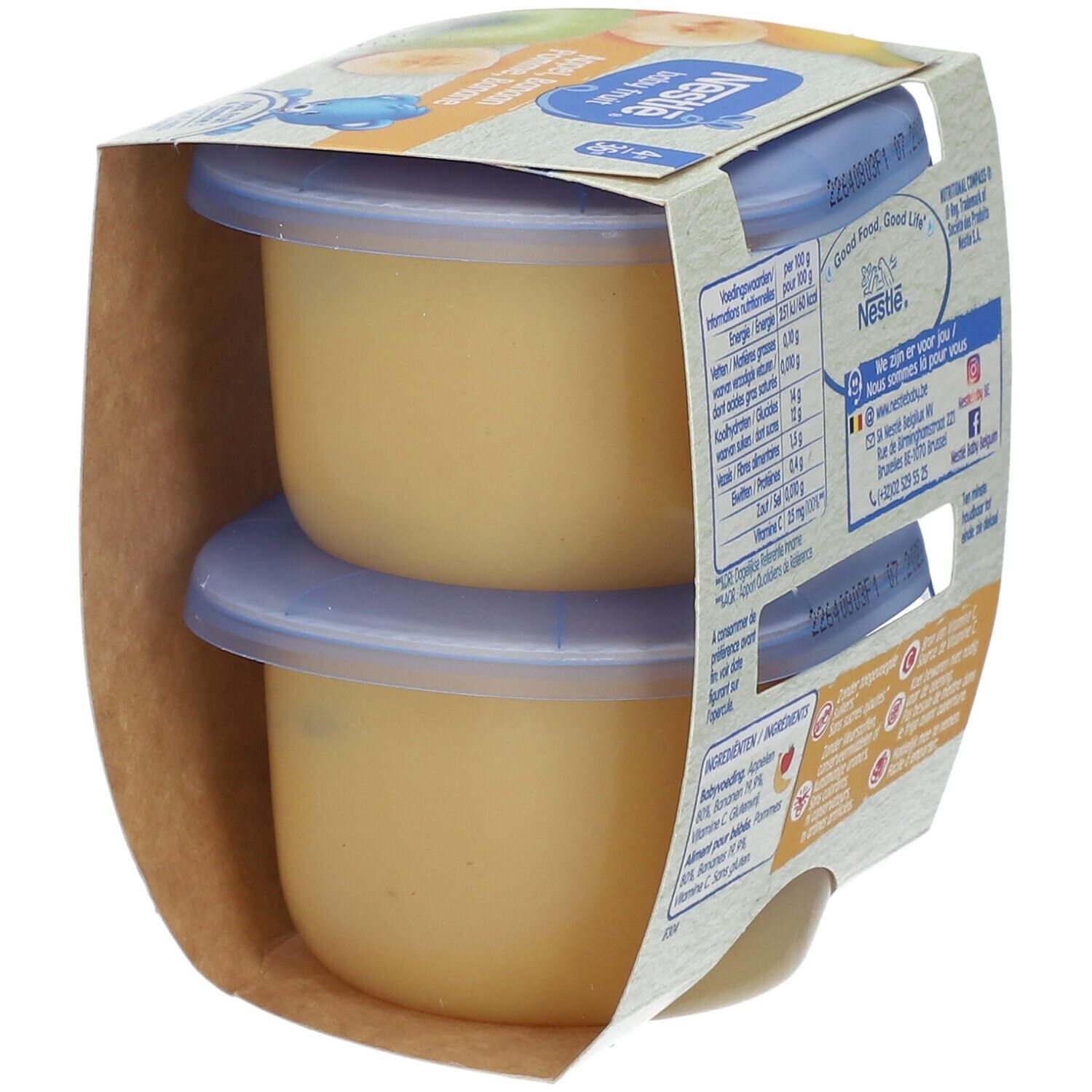 Rückseite der Verpackung mit zwei Baby Fruit Kompott-Bechern. Nährwertangaben, Zutaten, Kontaktinformationen.