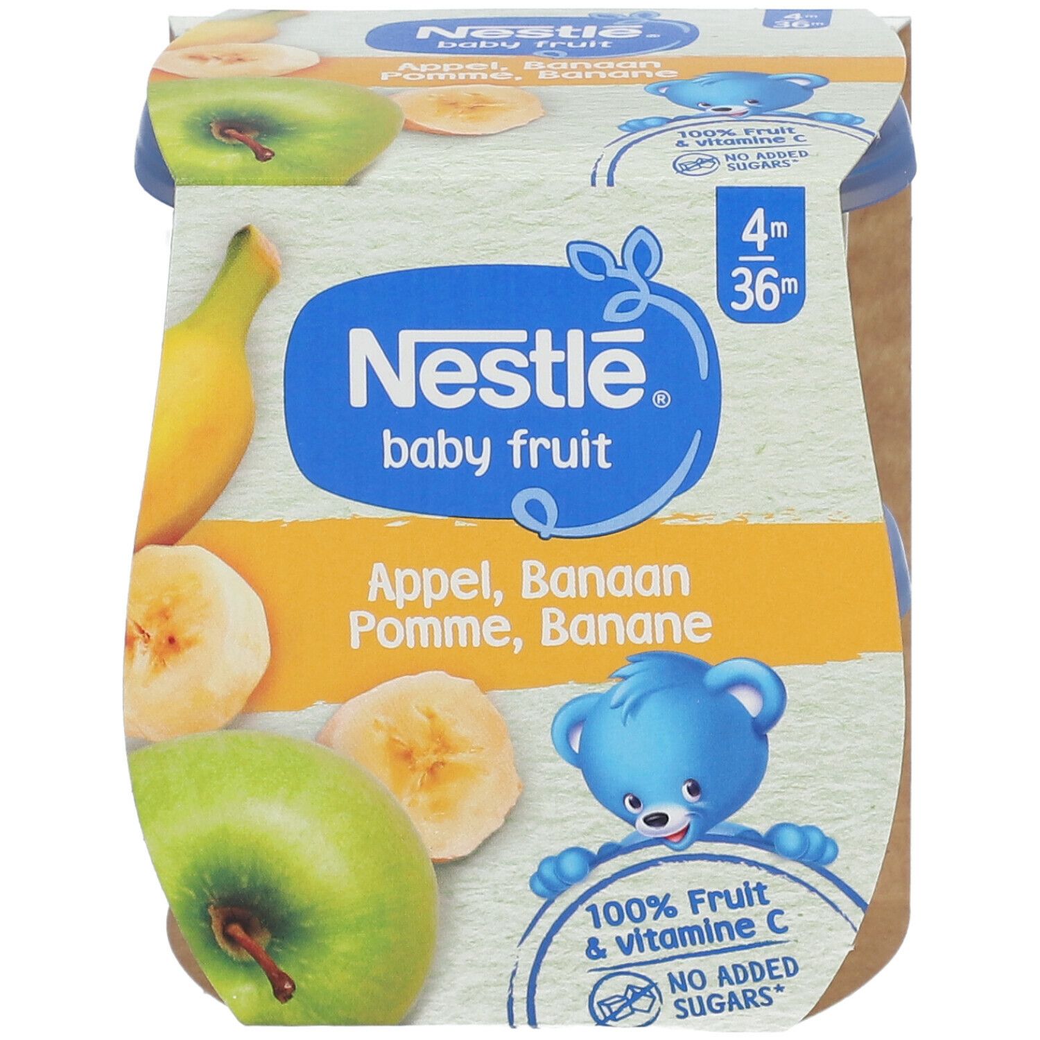 Verpackung mit zwei Baby Fruit Kompott-Bechern. Marke: Nestlé. Apfel-Banane. Blaue Deckel, braune Verpackung.