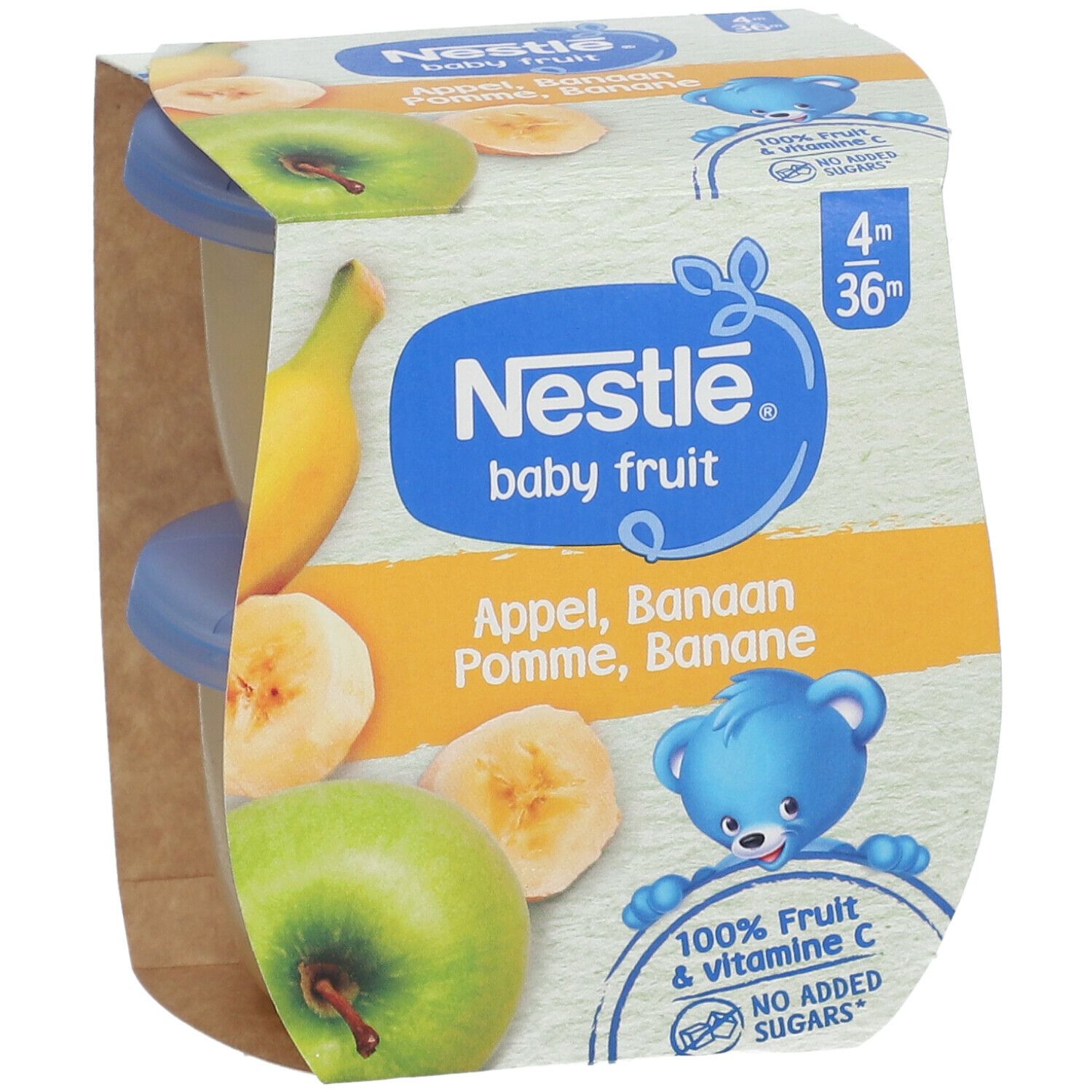 Verpackung mit zwei Baby Fruit Kompott-Bechern. Marke: Nestlé. Apfel-Banane. Blaue Deckel, braune Verpackung.