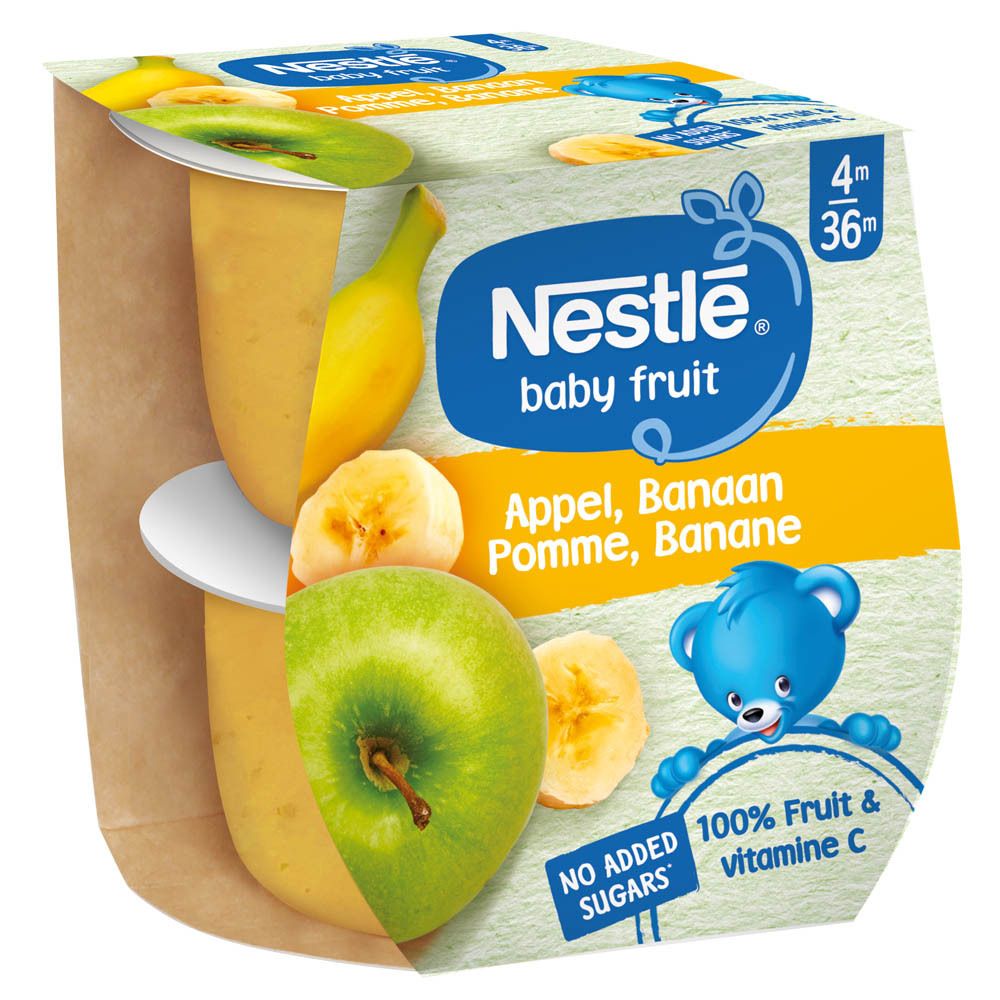 Emballage de deux pots de compote Baby Fruit. Marque : Nestlé. Pomme, banane. Couvercles bleus, emballage brun.