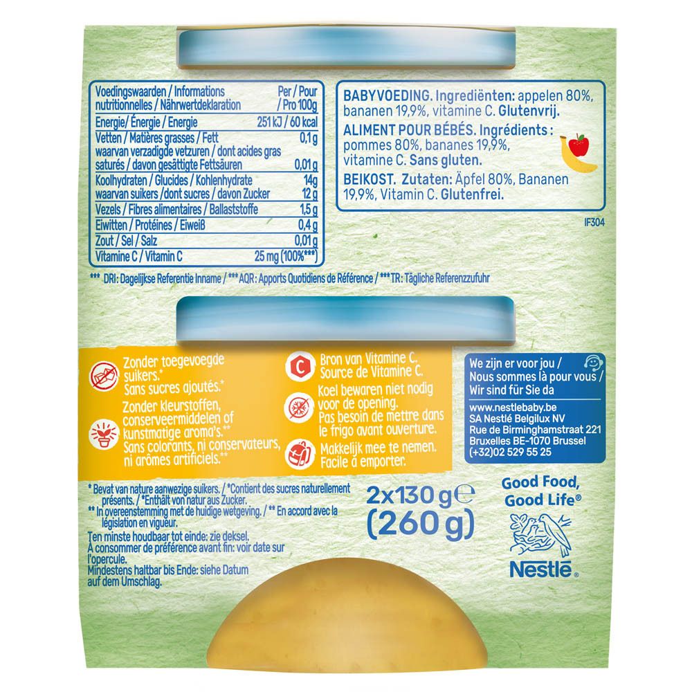 Dos de l'emballage de deux pots de compote Baby Fruit. Informations nutritionnelles, ingrédients, coordonnées.