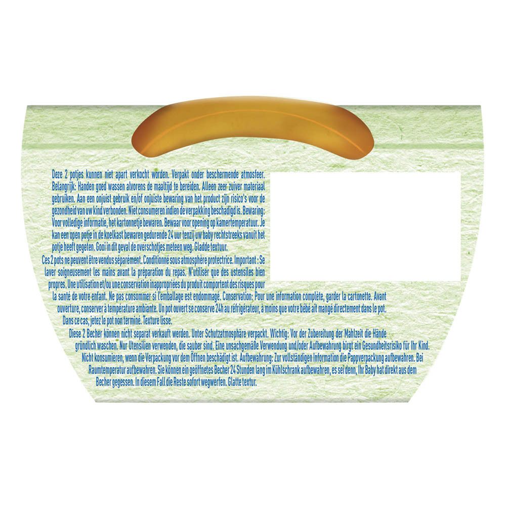 Dos de l'emballage de deux pots de compote Baby Fruit. Informations nutritionnelles, ingrédients, coordonnées.