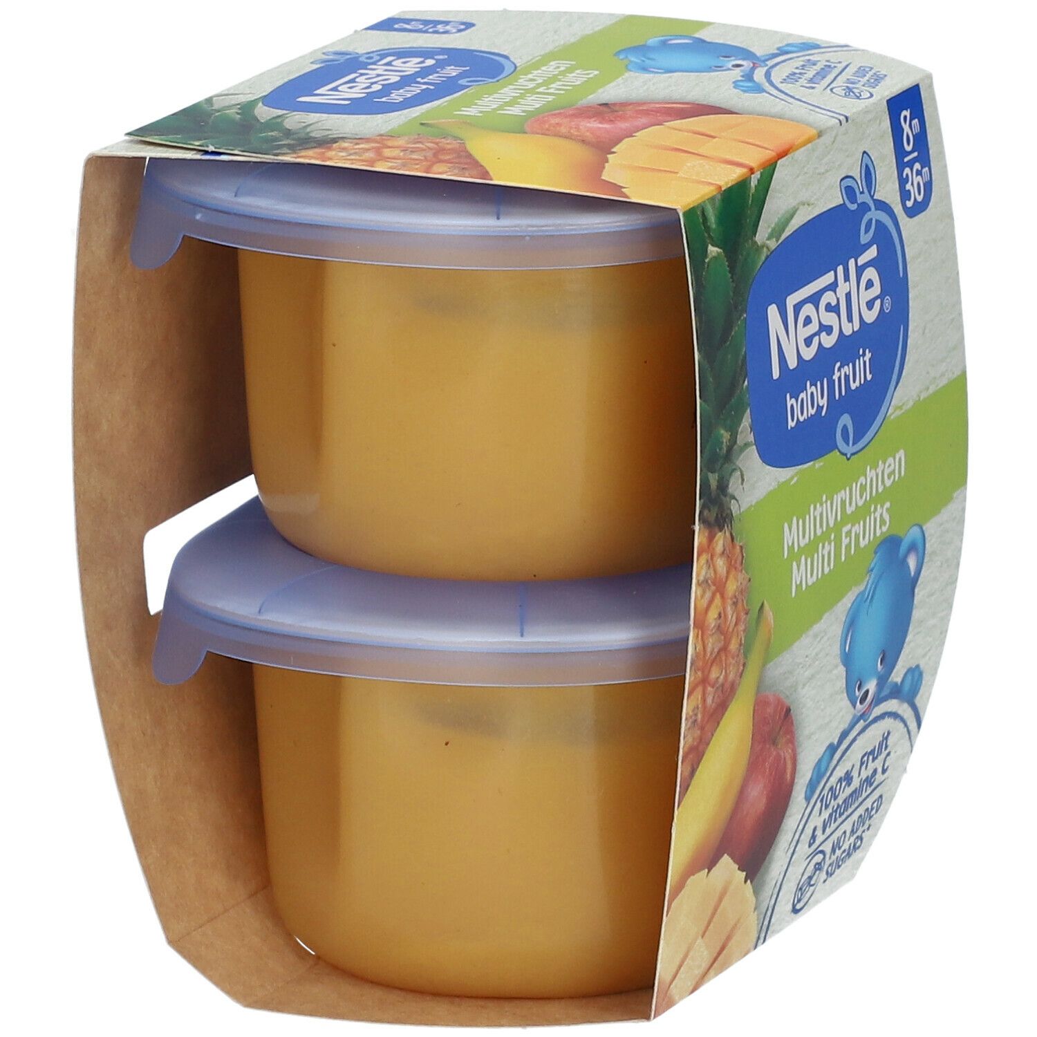 NESTLÉ Baby Fruit, 2 Gläschen. Aufdruck: Multi Fruits, 100% Frucht & Vitamin C. Ab 8 Monaten.