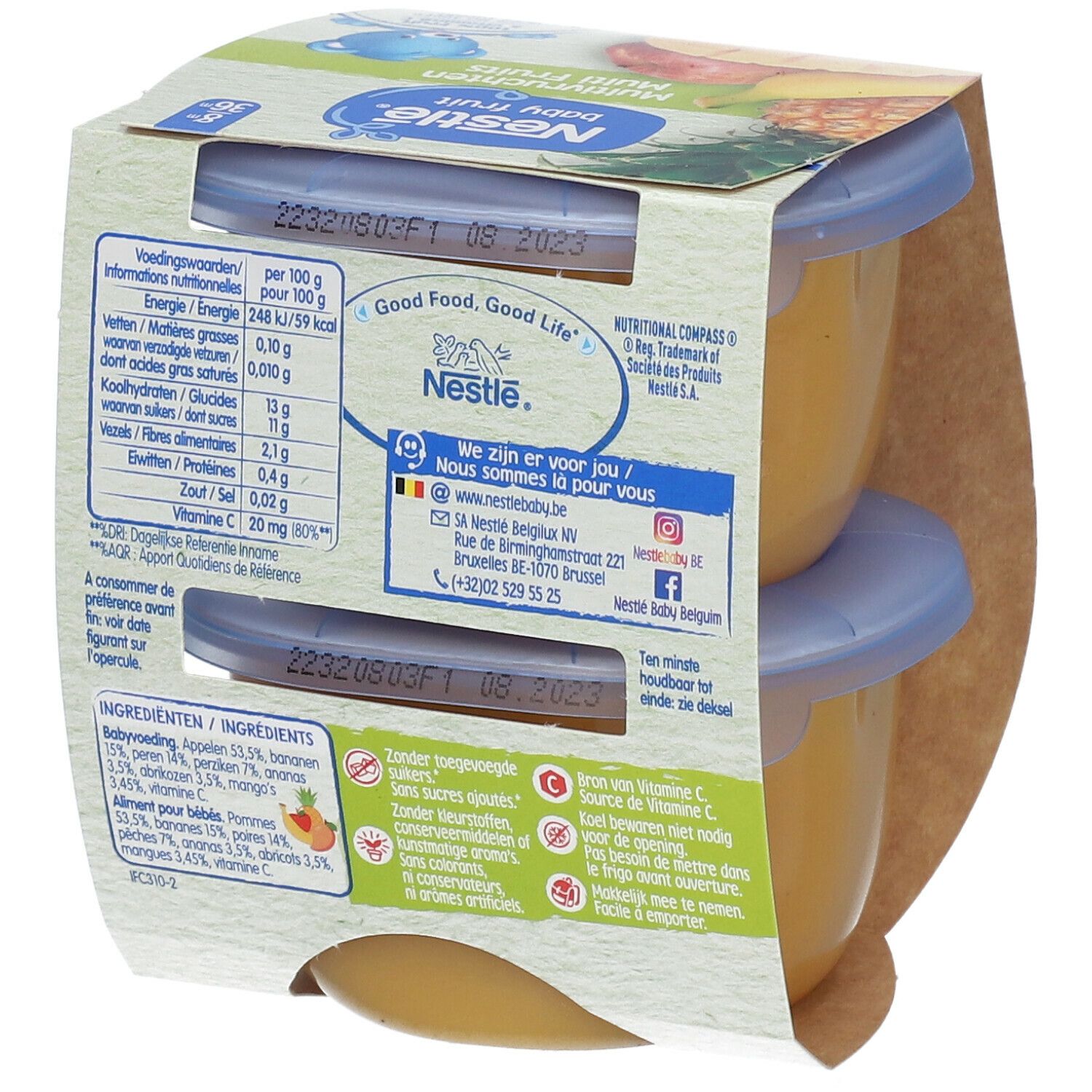 NESTLÉ Baby Fruit, 2 Gläschen. Aufdruck: Multi Fruits, 100% Frucht & Vitamin C. Ab 8 Monaten.