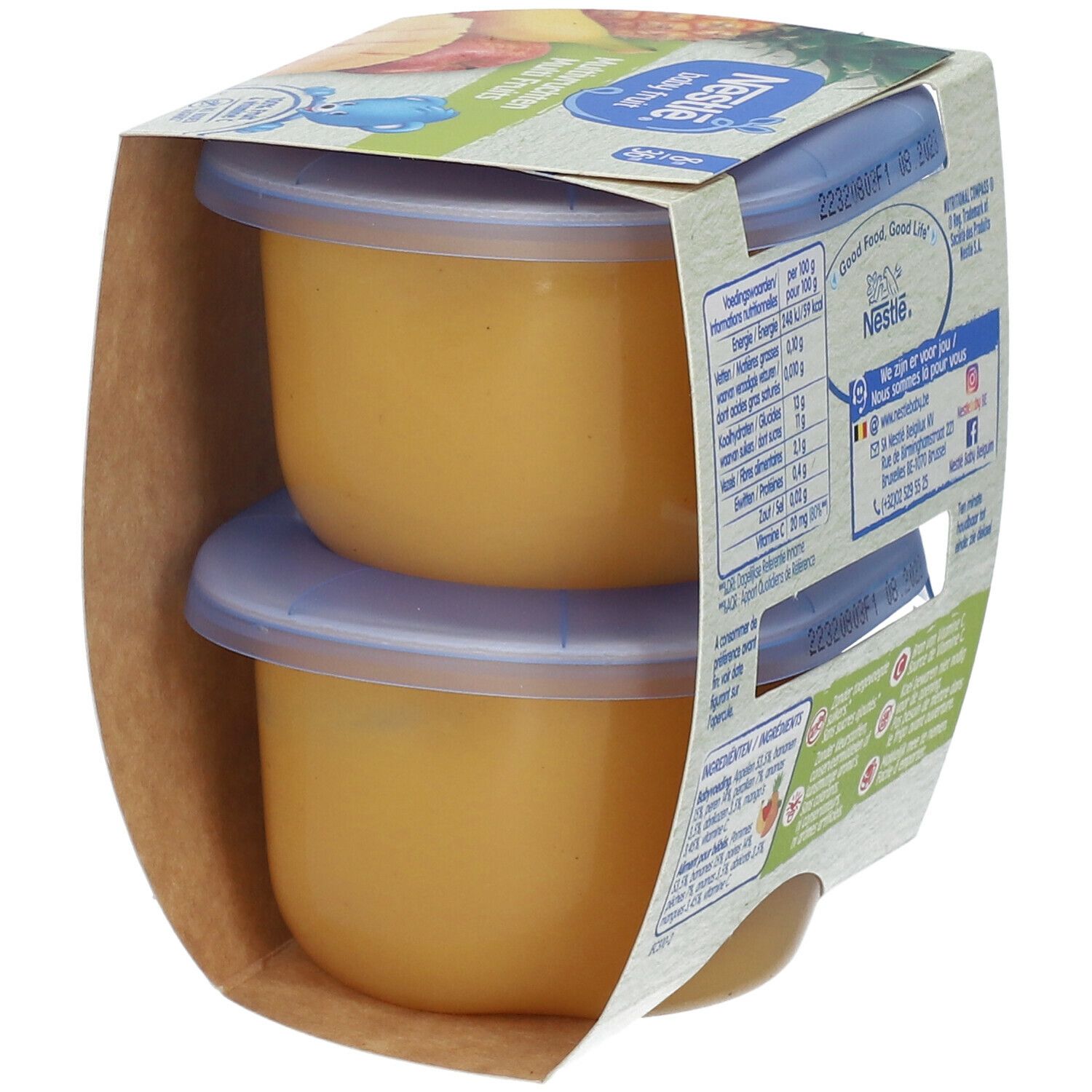 NESTLÉ Baby Fruit, 2 Gläschen. Aufdruck: Multi Fruits, 100% Frucht & Vitamin C. Ab 8 Monaten.