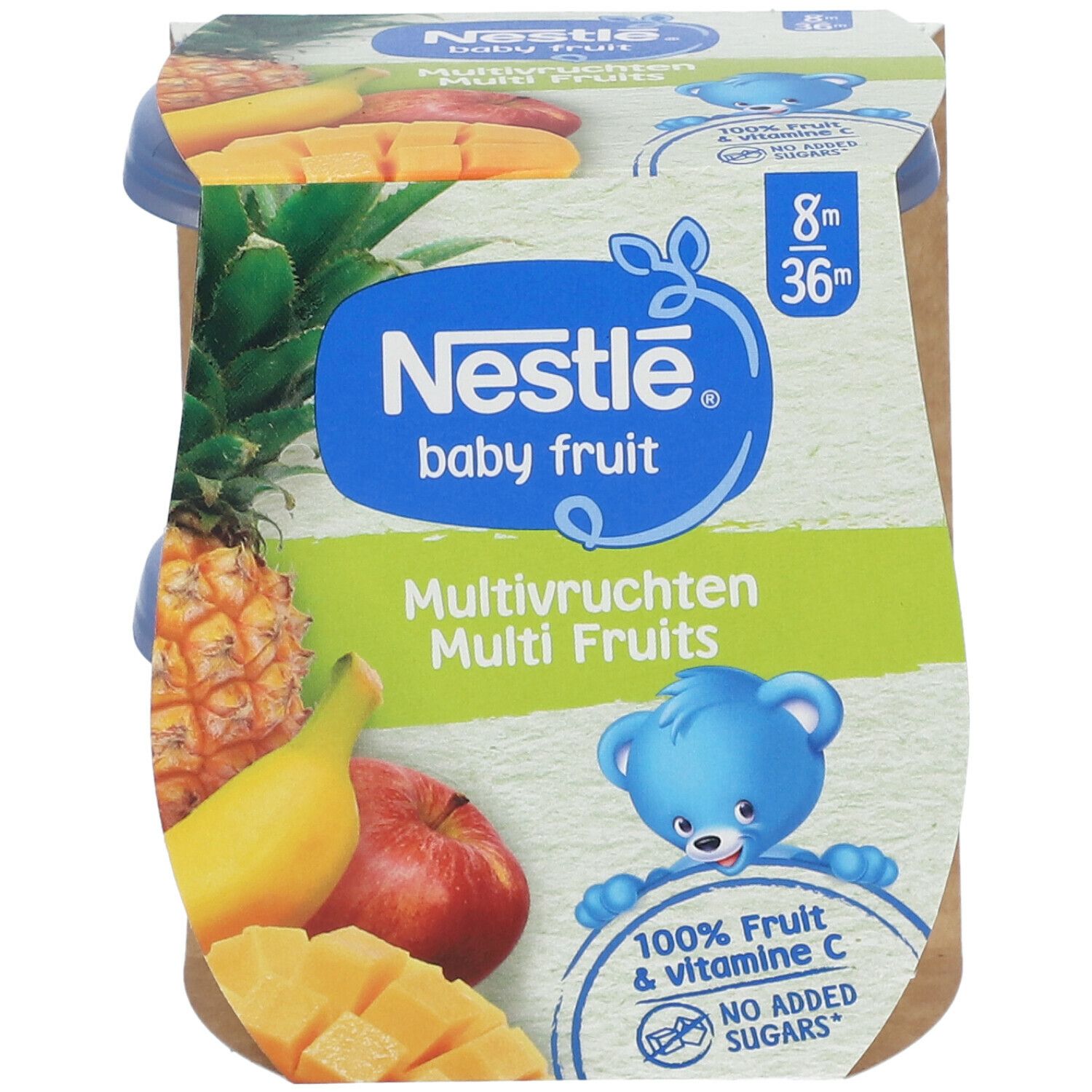 NESTLÉ Baby Fruit, 2 Gläschen. Aufdruck: Multi Fruits, 100% Frucht & Vitamin C. Ab 8 Monaten.