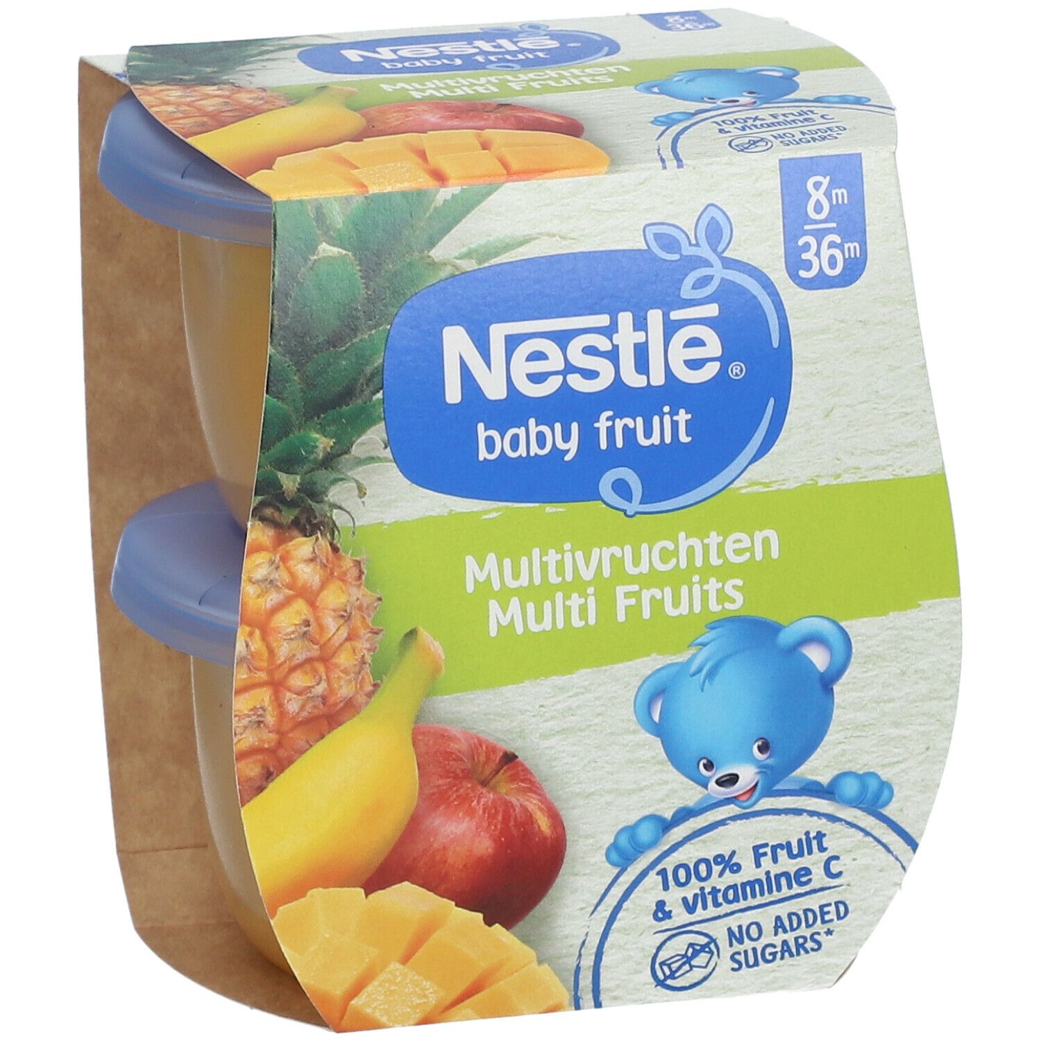 NESTLÉ Baby Fruit, 2 Gläschen. Aufdruck: Multi Fruits, 100% Frucht & Vitamin C. Ab 8 Monaten.