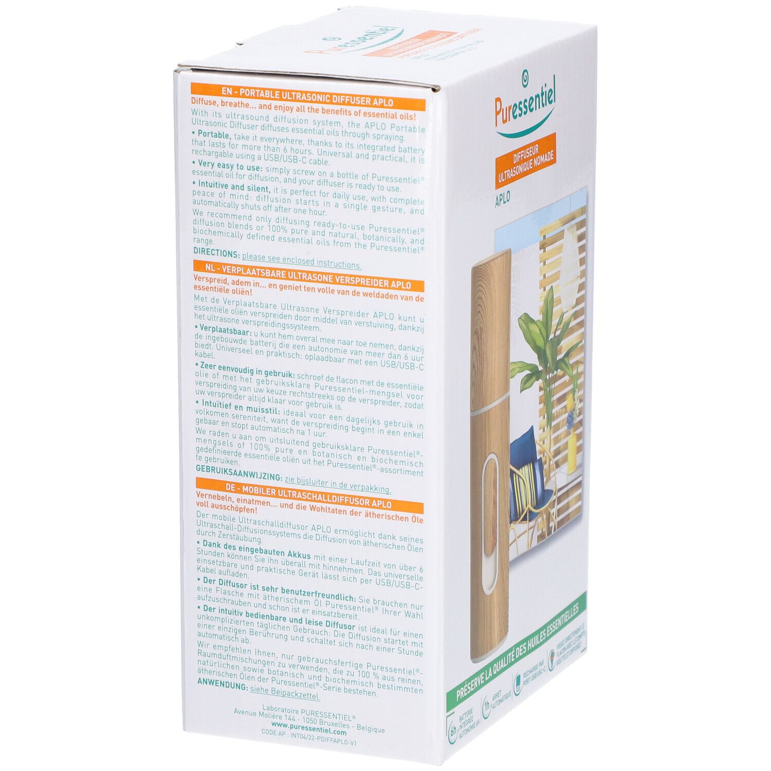 Boîte du diffuseur avec textes multilingues. Marque: PURESSENTIEL. Image du diffuseur. Textes décrivent les fonctions et avantages du produit.