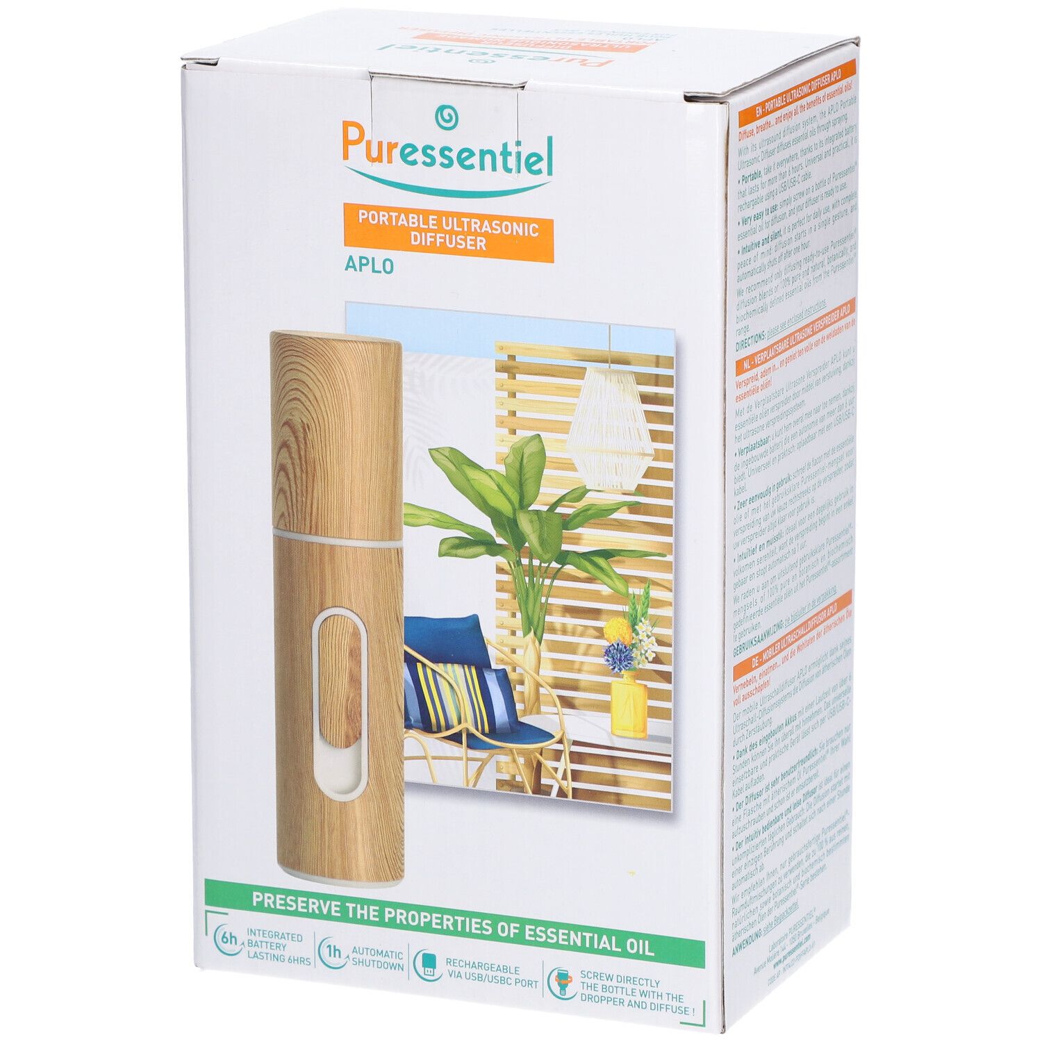 Boîte du diffuseur avec image. Diffuseur en bois clair avec élément blanc. Marque: PURESSENTIEL. Texte: Portable Ultrasonic Diffuser APLO.