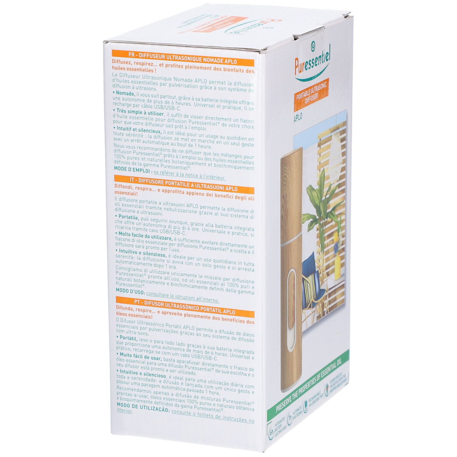 Boîte du diffuseur avec textes multilingues. Marque: PURESSENTIEL. Image du diffuseur. Textes décrivent les fonctions et avantages du produit.