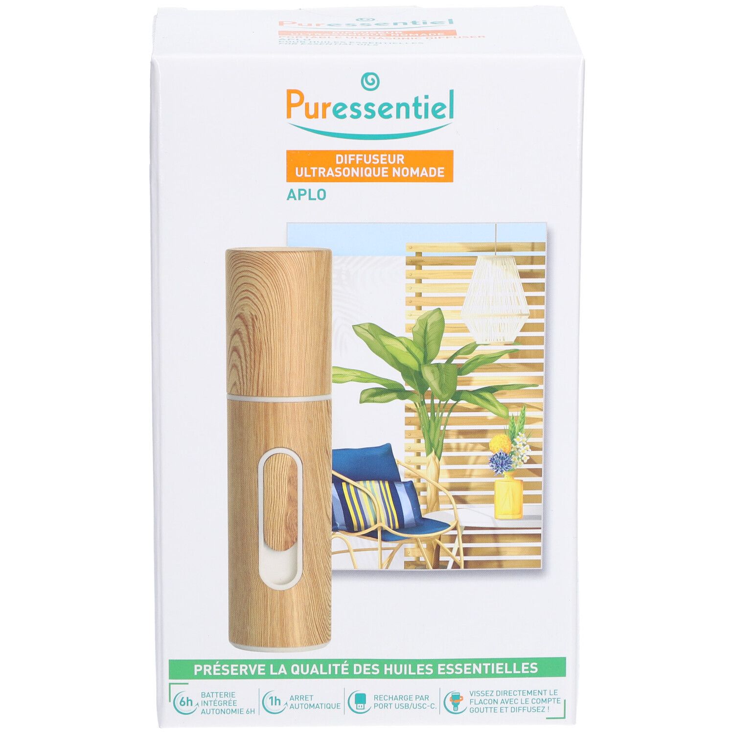 Boîte du diffuseur avec image. Diffuseur en bois clair avec élément blanc. Marque: PURESSENTIEL. Texte: Diffuseur ultrasonique nomade APLO.