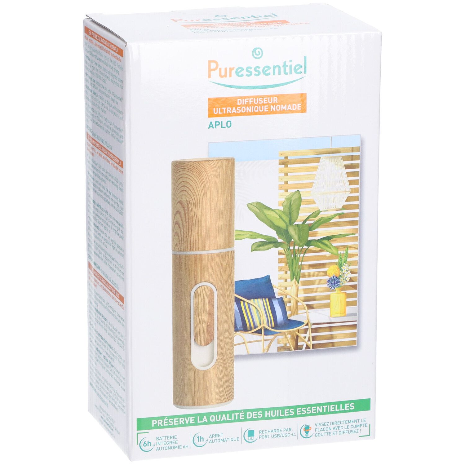 Boîte du diffuseur avec image. Diffuseur en bois clair avec élément blanc. Marque: PURESSENTIEL. Texte: Diffuseur ultrasonique nomade APLO.