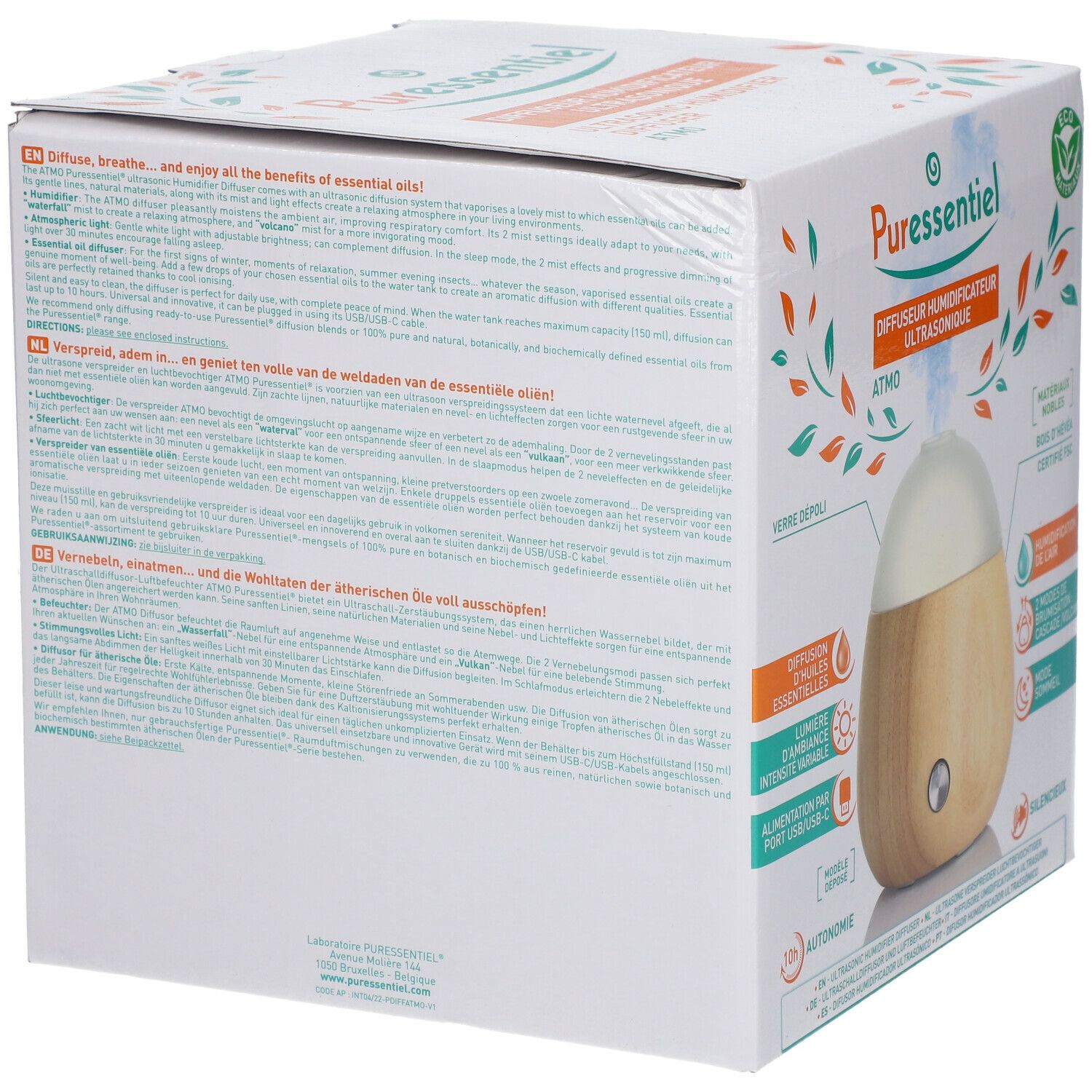 Verpackung des Ultraschall-Luftbefeuchters Diffusor Atmo. Weißer Karton mit Produktabbildung und Text. FSC-Zertifizierung.