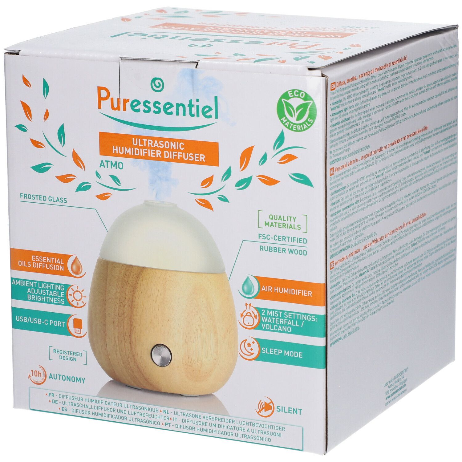 Ultraschall-Luftbefeuchter Diffusor Atmo in Verpackung. Holzfarbenes Gehäuse, weißer Deckel. USB-C-Anschluss, 2 Nebel-Einstellungen, Schlafmodus.