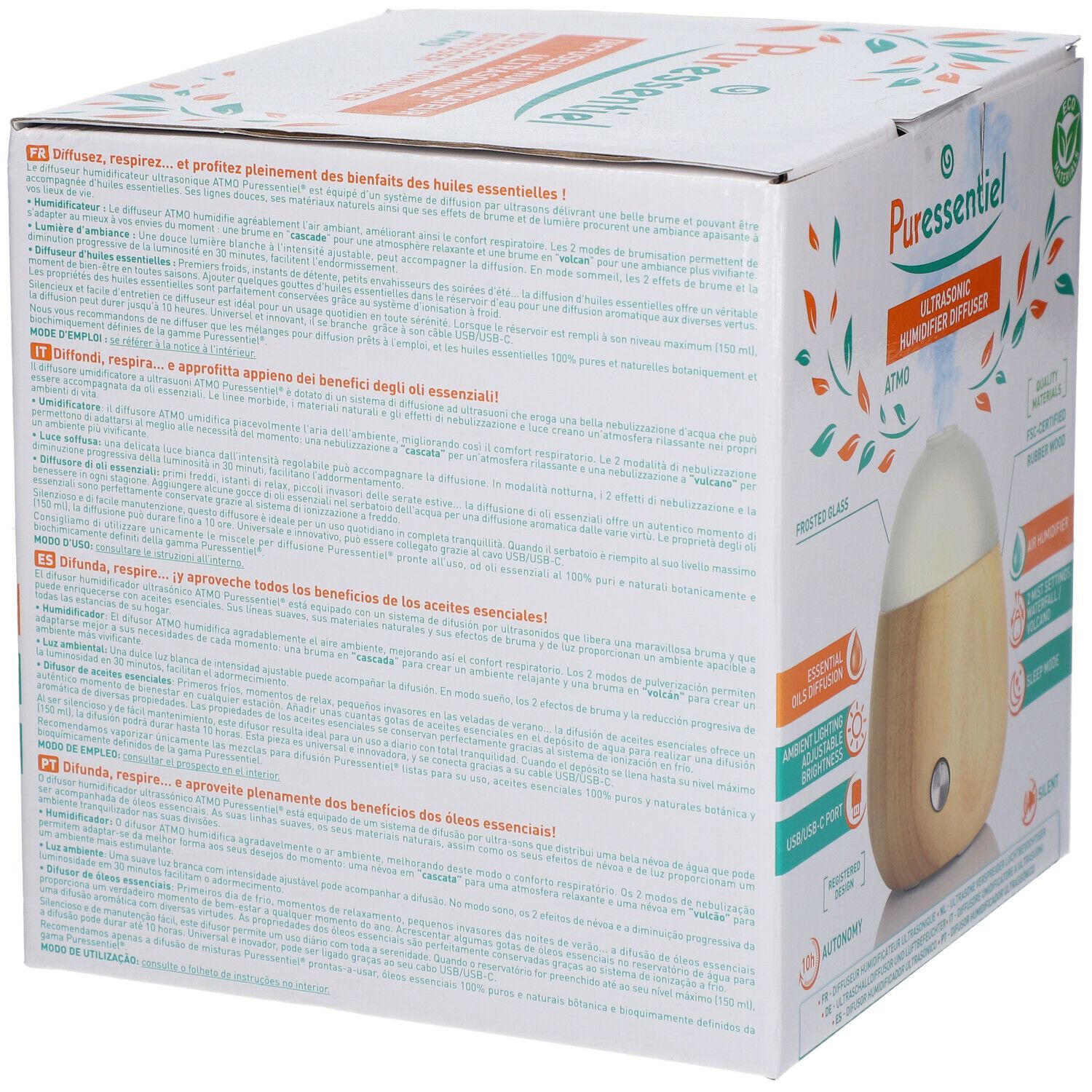 Verpackung des Ultraschall-Luftbefeuchters Diffusor Atmo. Weißer Karton mit Produktabbildung und Text. FSC-Zertifizierung.