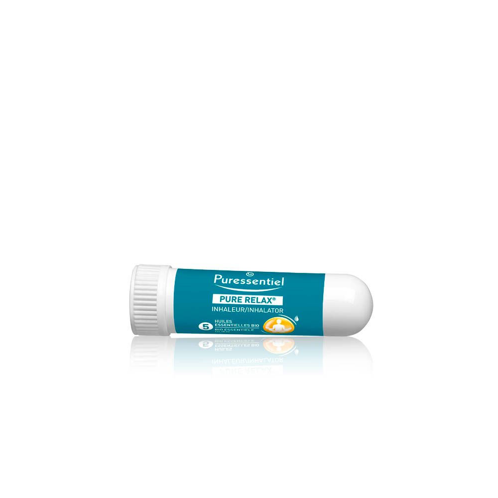 Inhalateur blanc et bleu. Inscription: Pure Relax, Inhalateur/Inhalator. Bouchon blanc. Forme cylindrique.