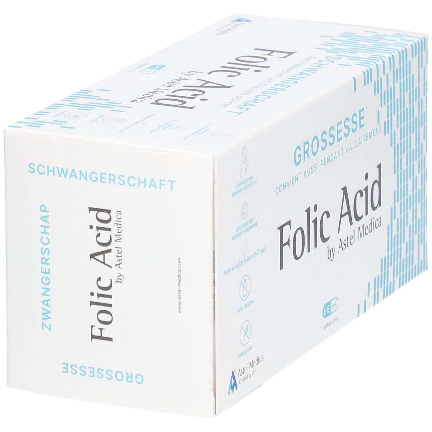 Schachtel mit "Folic Acid" von Astel Medica. Text in Deutsch und Französisch. Eckige Form, weiß mit blauen Akzenten.