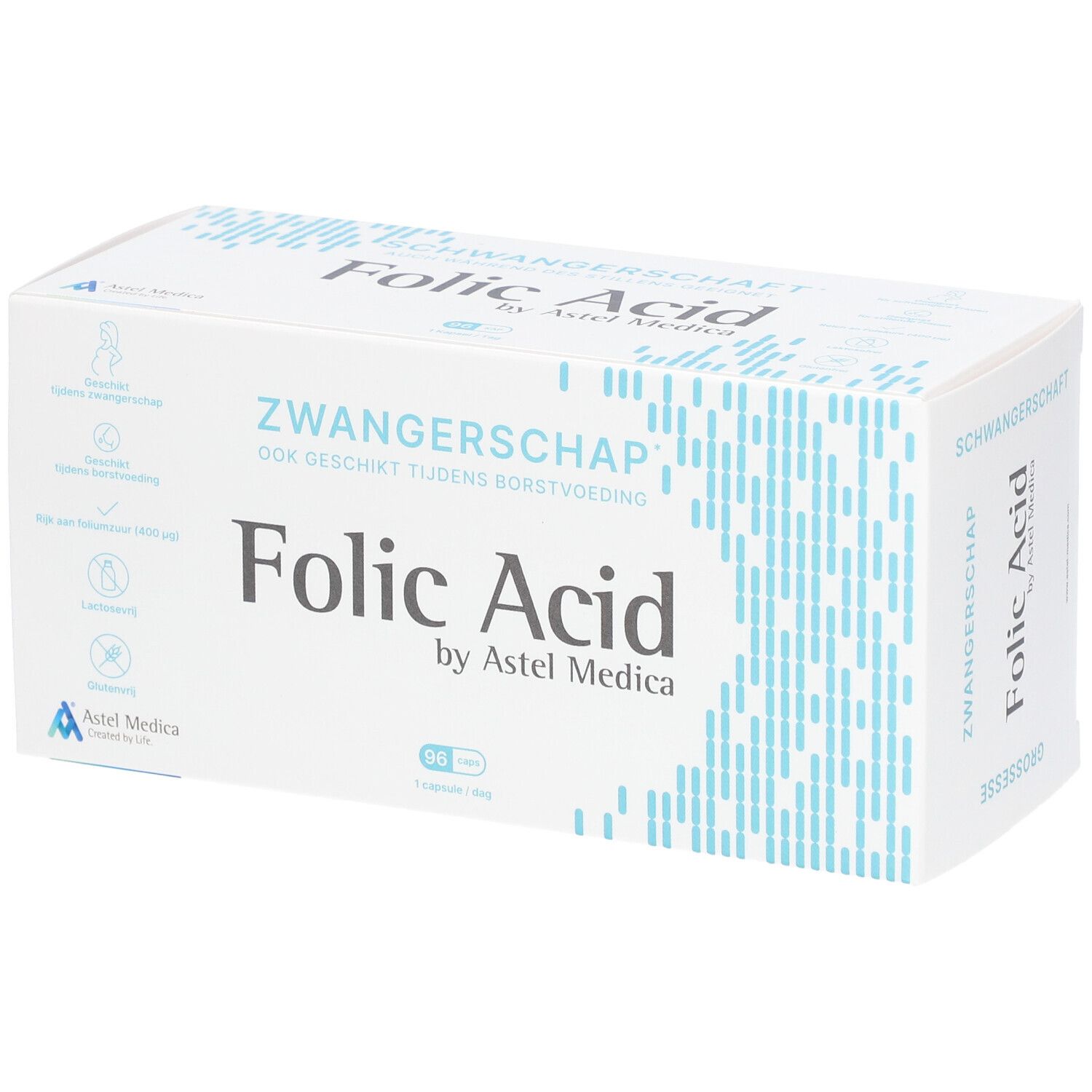 Weiße Faltschachtel mit "Folic Acid" von Astel Medica. Text in Deutsch und Niederländisch. 96 Tabletten.