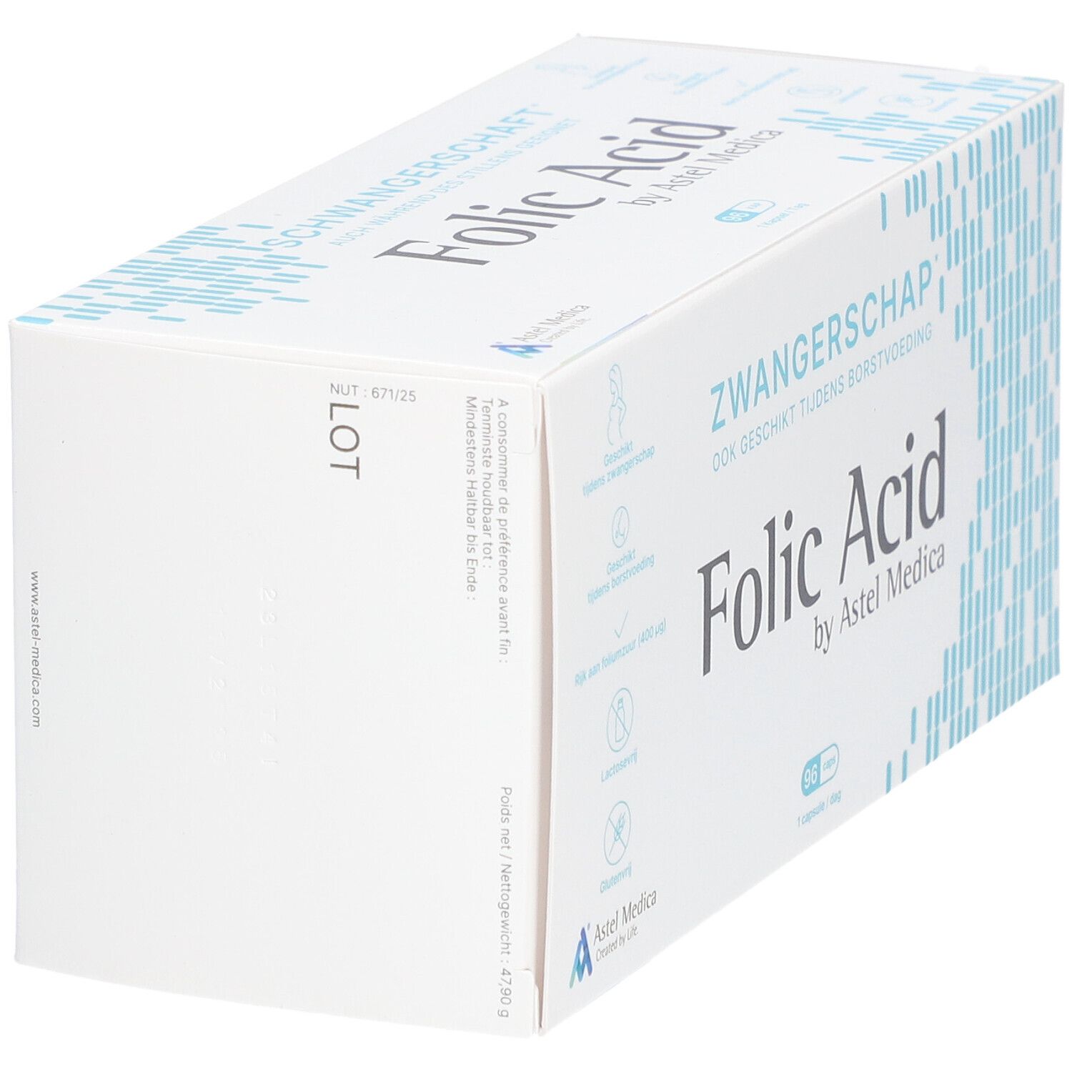 Schachtel mit "Folic Acid" von Astel Medica. Text in Deutsch und Niederländisch. Eckige Form, weiß mit blauen Akzenten.
