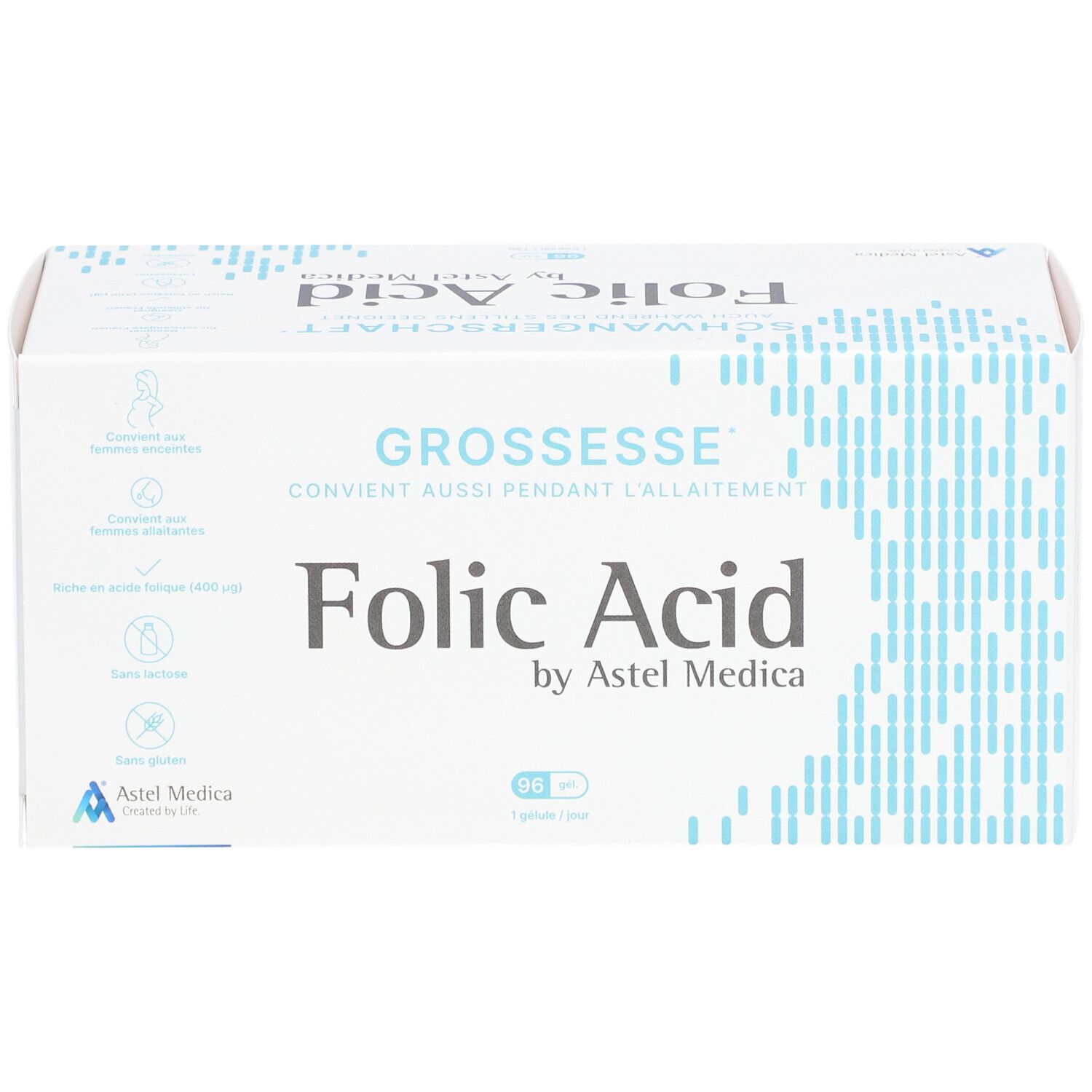 Weiße Faltschachtel mit "Folic Acid" von Astel Medica. Text in Deutsch und Französisch. 96 Tabletten.