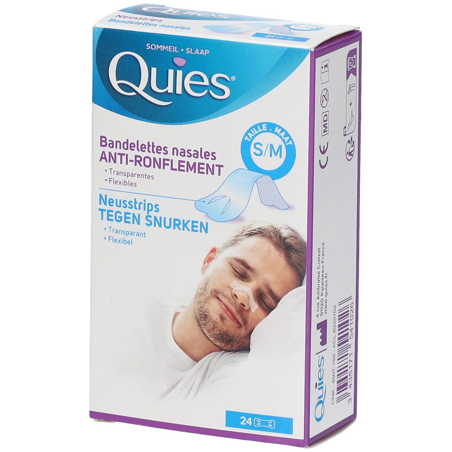 Boîte QUIES. Bandelettes nasales anti-ronflement S/M. 24 unités. Homme avec bandelette nasale illustré.