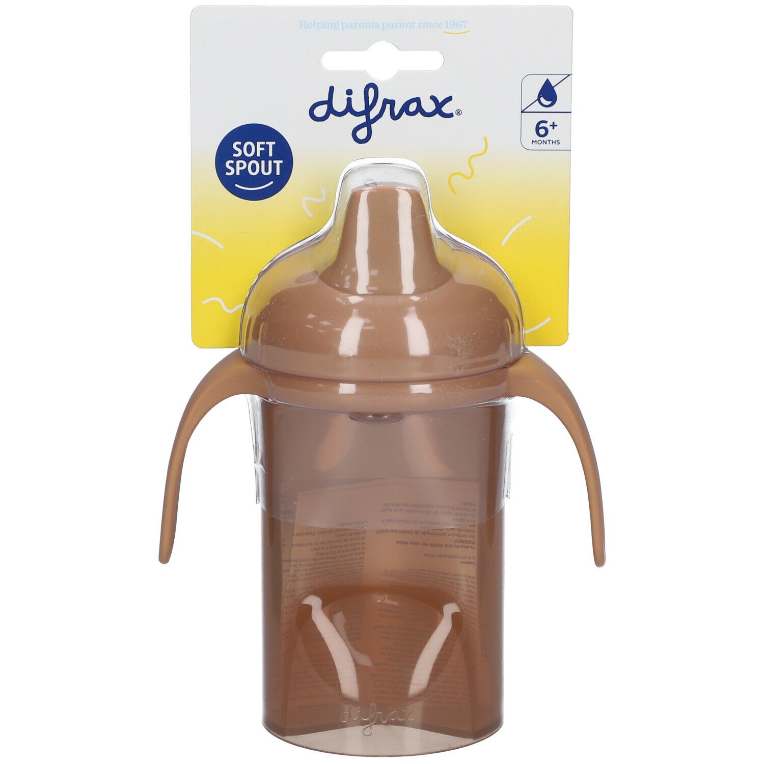 Drinkbeker met handvatten en zachte tuit. Merk: difrax. Verpakking met productinformatie. Aanbevolen voor 6+ maanden.