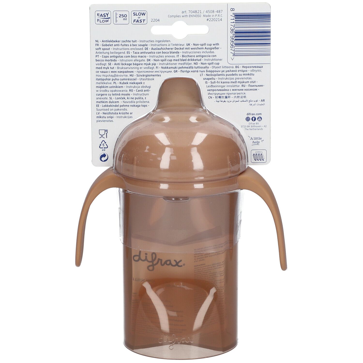 Drinkbeker met handvatten en zachte tuit. Achterkant van de verpakking met productinformatie en certificeringen.