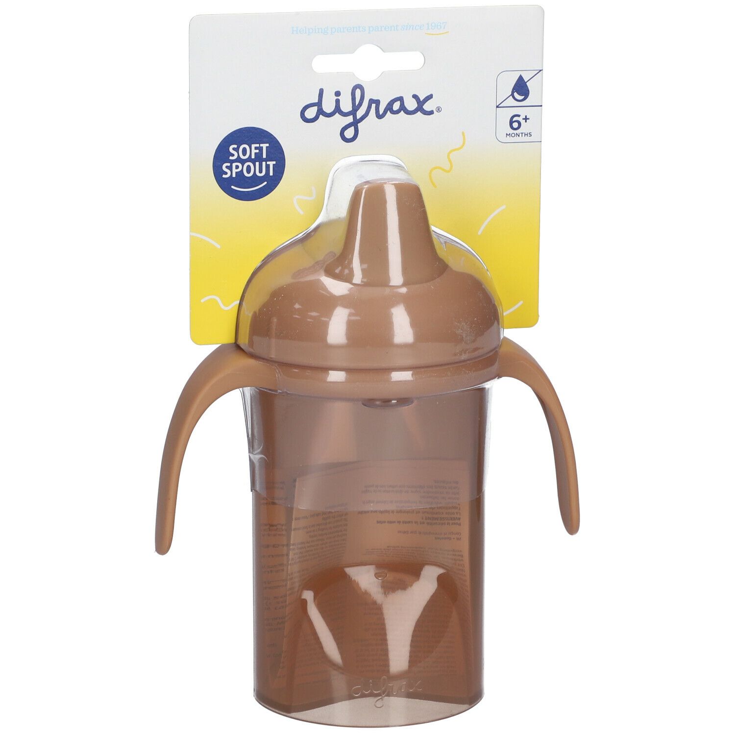 Drinkbeker met handvatten en zachte tuit. Merk: difrax. Verpakking met productinformatie. Aanbevolen voor 6+ maanden.
