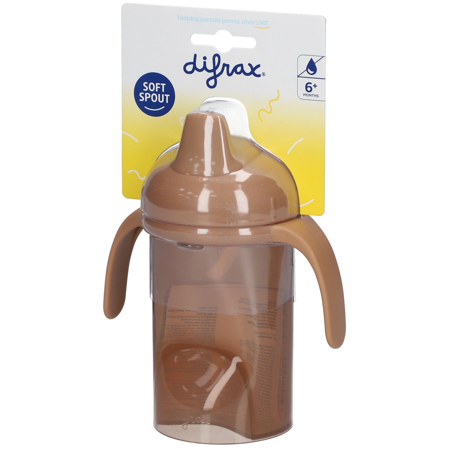 Drinkbeker met handvatten en zachte tuit. Merk: difrax. Verpakking met productinformatie. Aanbevolen voor 6+ maanden.