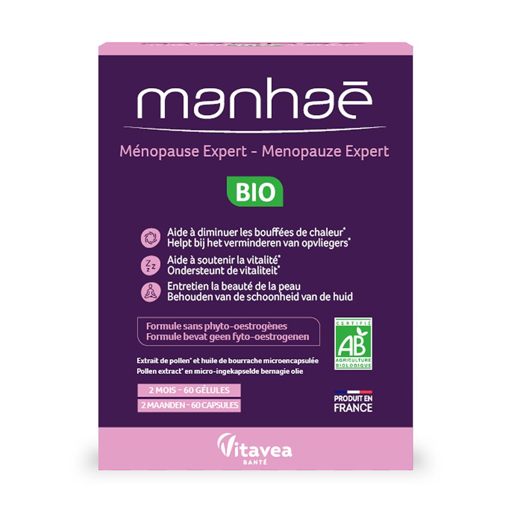 Boîte Manhaé Ménopause Expert. Box violette et rose avec informations produit et label Bio.