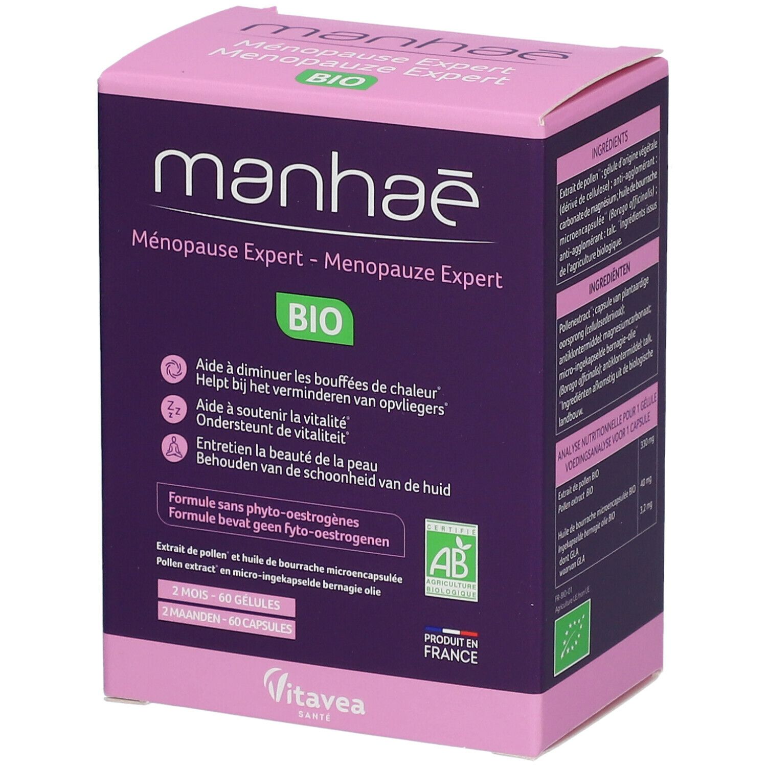 Boîte Manhaé Ménopause Expert. Box violette et rose avec informations produit et label Bio.