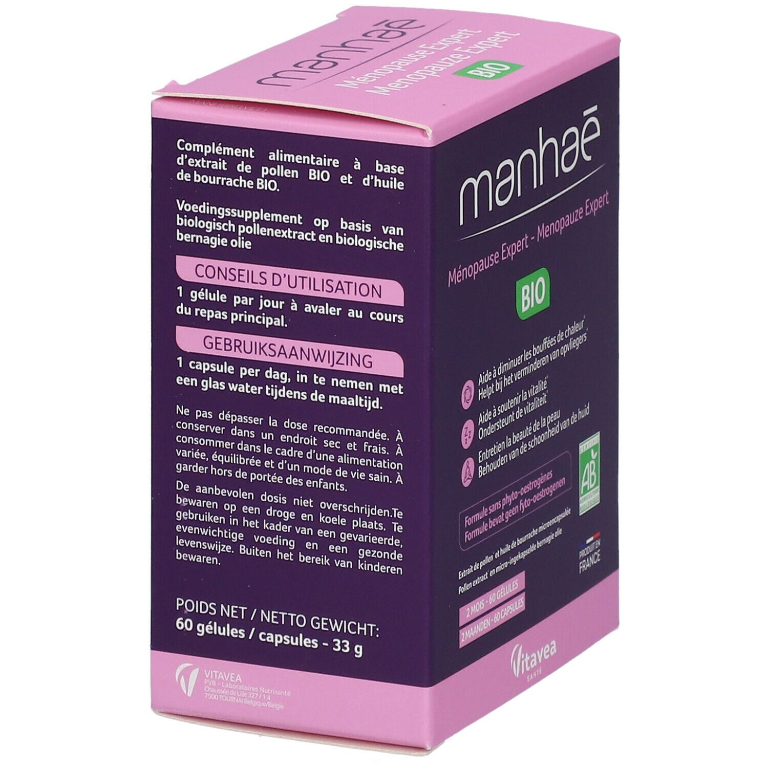 Dos de la boîte Manhaé Ménopause Expert. Ingrédients, conseils d'utilisation et label Bio.